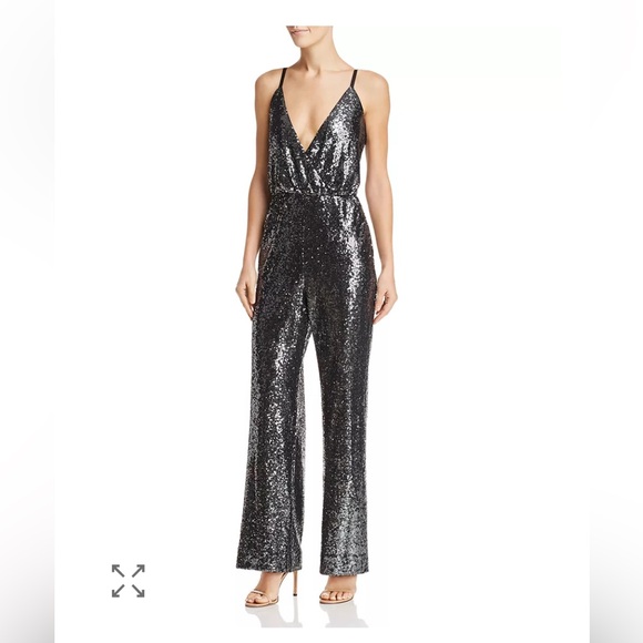 $228 LAUNDRY BY SHELLI SEGAL Sz2 WIDE-LEG ALLOVER SEQUINED JUMPSUIT BLACK Gray - Picture 3 of 11